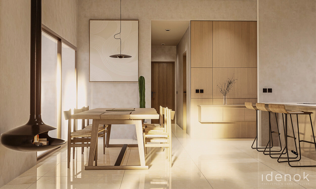 Imagen renderizada del comedor, la entrada y el pasillo del modelo de vivienda moderna de IDENOK.