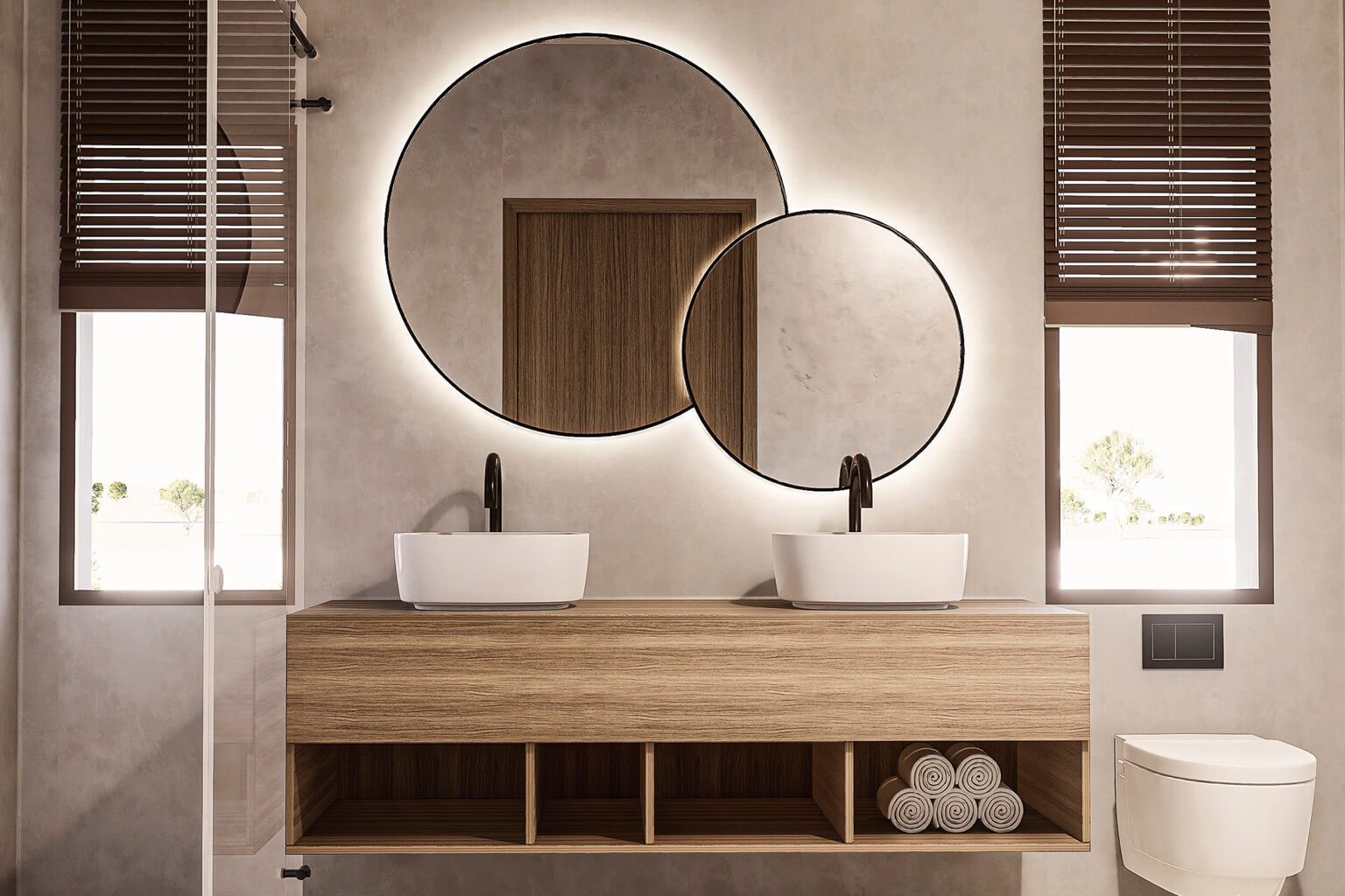 Moderna, cálida y con sabor a Mediterráneo. Así es Casa la Loma 7 Imagen renderizada de uno de los cuartos de baño del modelo de vivienda unifamiliar diseñada por IDENOK