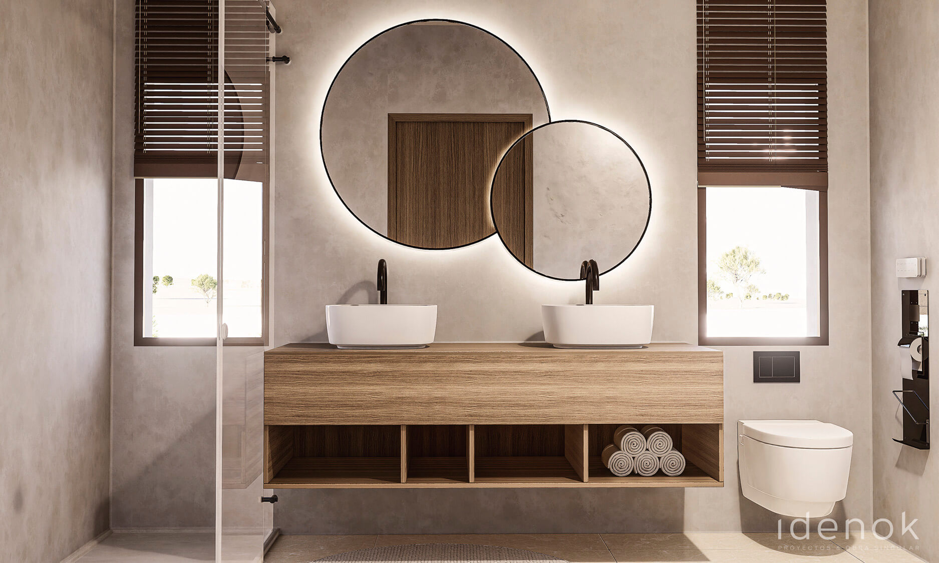 Modern, warm and with a Mediterranean home style. This is Casa la Loma 4 Imagen renderizada de uno de los cuartos de baño del modelo de vivienda unifamiliar diseñada por IDENOK