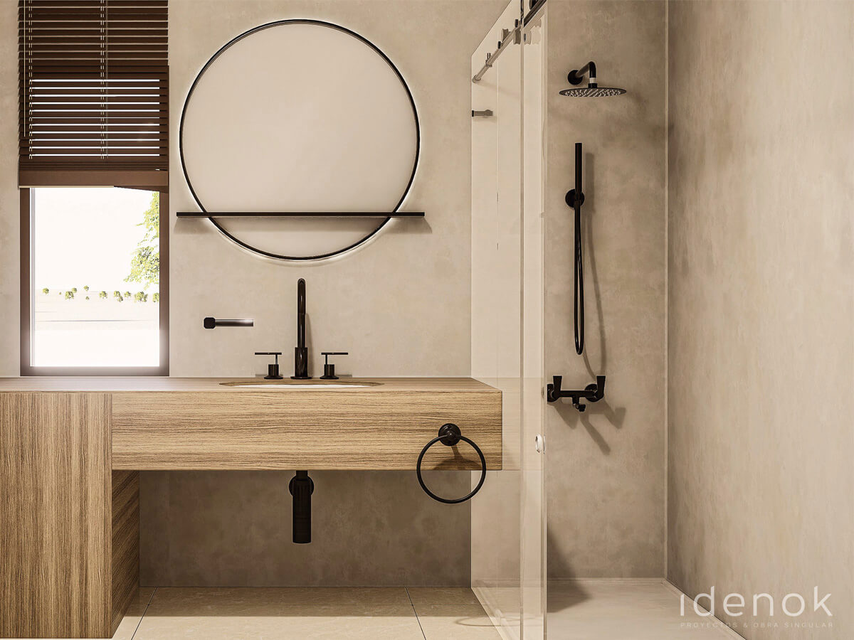 Imagen renderizada del otro cuarto de baño del modelo de casa de diseño de estilo mediterráneo de IDENOK.