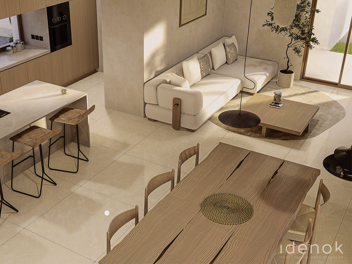 Imagen renderizada de la zona donde confluyen la cocina, el comedor y el salón del modelo de vivienda de IDENOK.