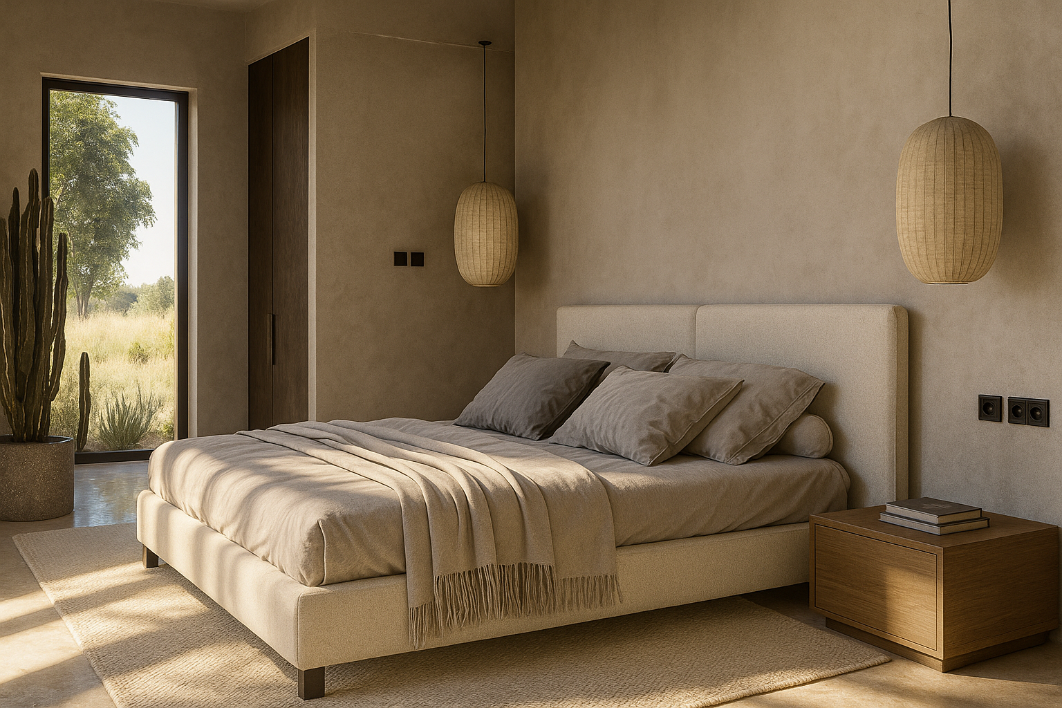 dormitorio de estilo mediterraneo en colores neutros